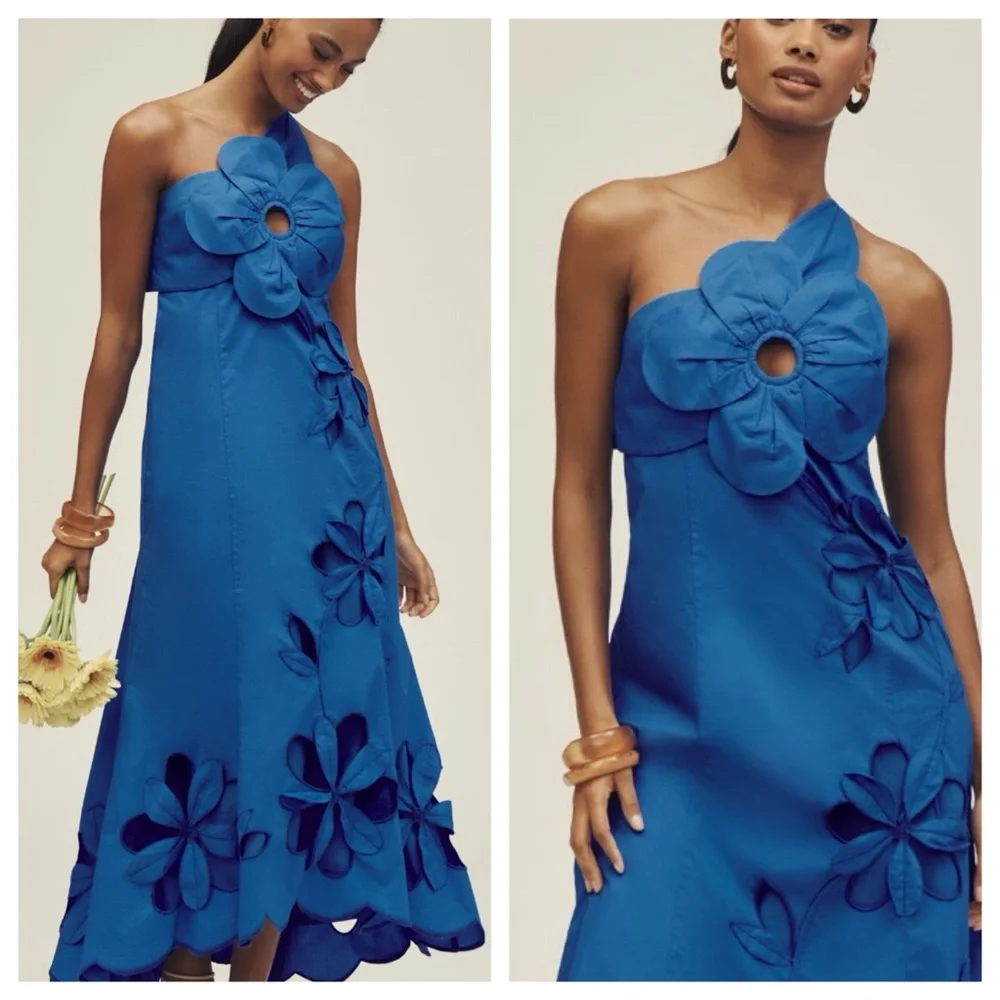 NWT Anthropologie One-Shoulder Cutwork Cutouts 3D Flower Blue Midi Dress - Picture 9 of 16